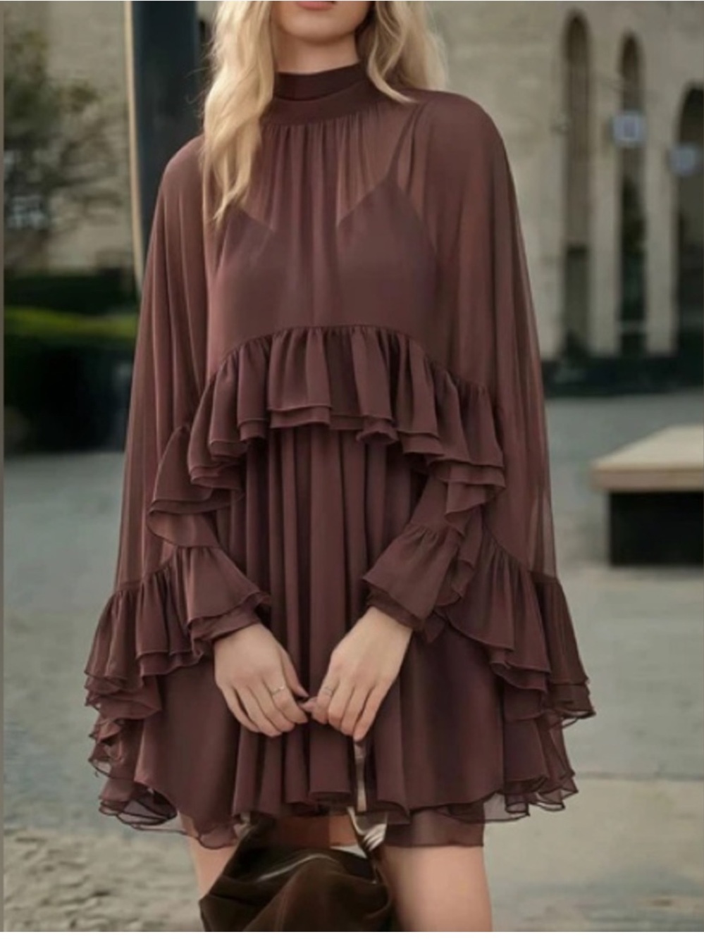 Commense Brown Ruffle Cape Dress - Picture 3 of 9
